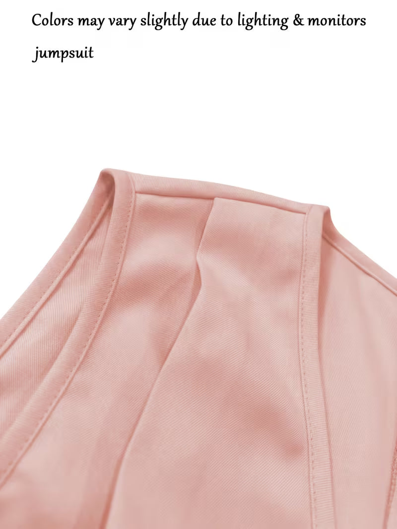 Women's Jumpsuit, Sleeveless V-Neck Design with Side Bow Decoration, Polyester Fiber Fabric with Diagonal Texture
