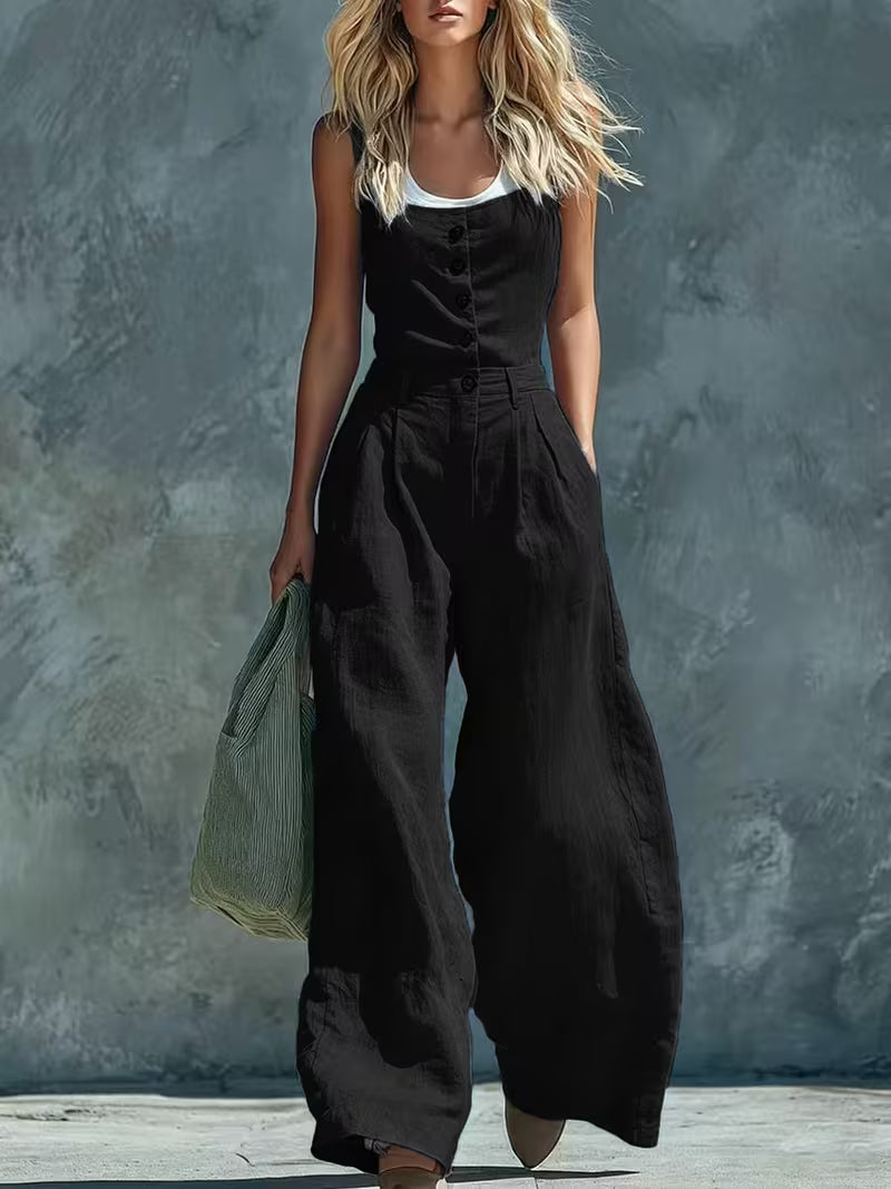 Women's Sleeveless Button Front Jumpsuit High Waist Pleated Wide Leg Pants Casual Overall Romper for Beach Vacation Brunch Date Shopping Resort& Daily Street Wear