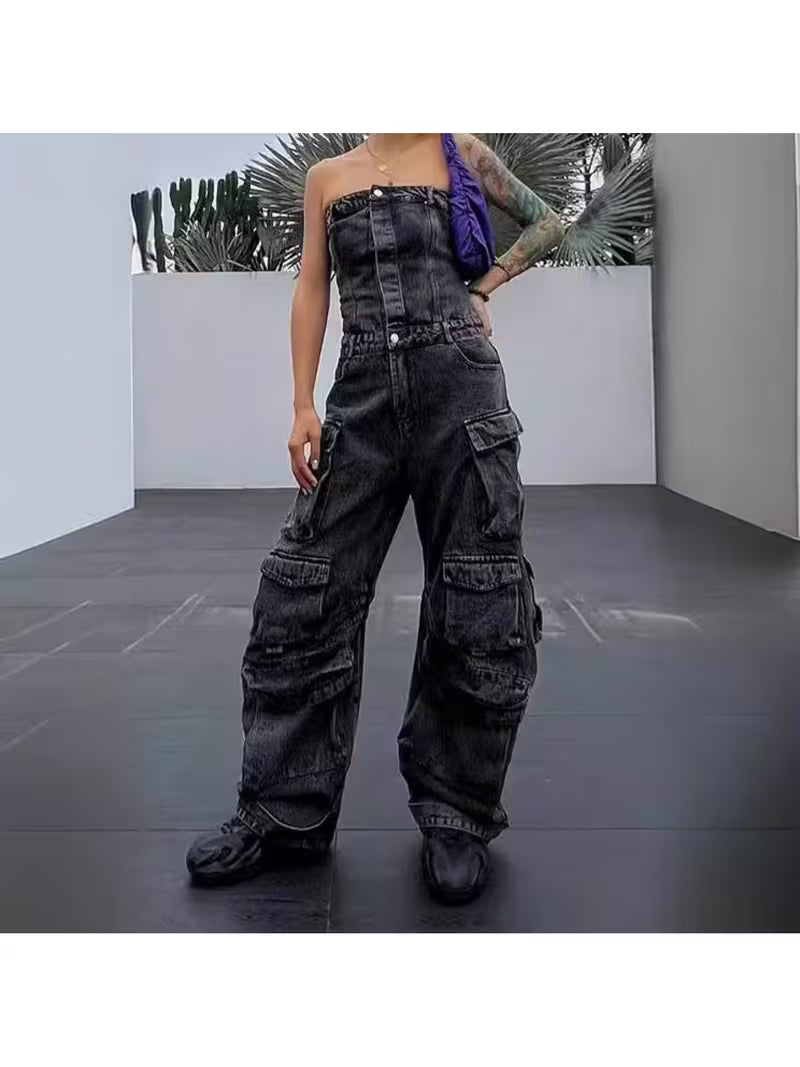 2026 New Fashion Street Style Tube Top Slim-Fit Figure-Emphasizing Hot Multi-Pocket Denim Cargo Jumpsuit