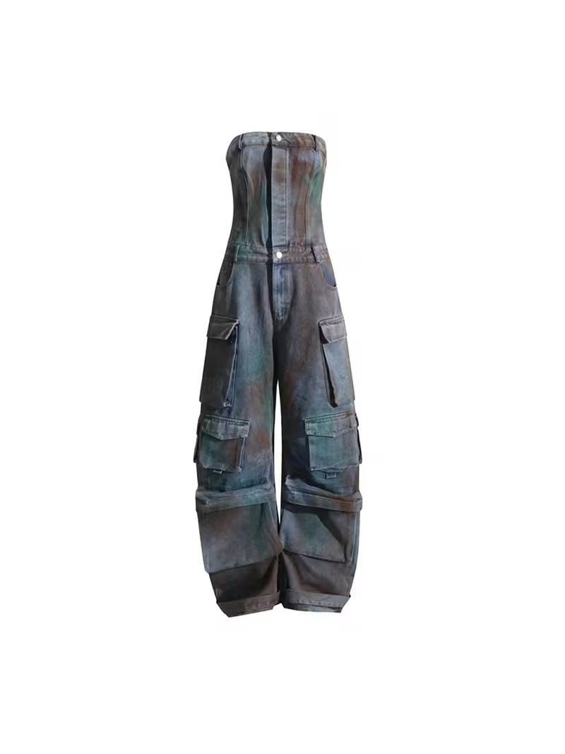 2026 New Fashion Street Style Tube Top Slim-Fit Figure-Emphasizing Hot Multi-Pocket Denim Cargo Jumpsuit