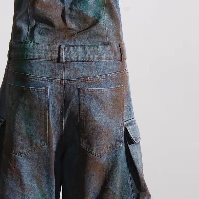 2026 New Fashion Street Style Tube Top Slim-Fit Figure-Emphasizing Hot Multi-Pocket Denim Cargo Jumpsuit