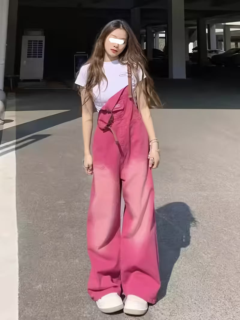 Summer Jeans Retro Gradient Loose All-Matching Jeans Bib Women High Waist Figure-Flattering One-Piece