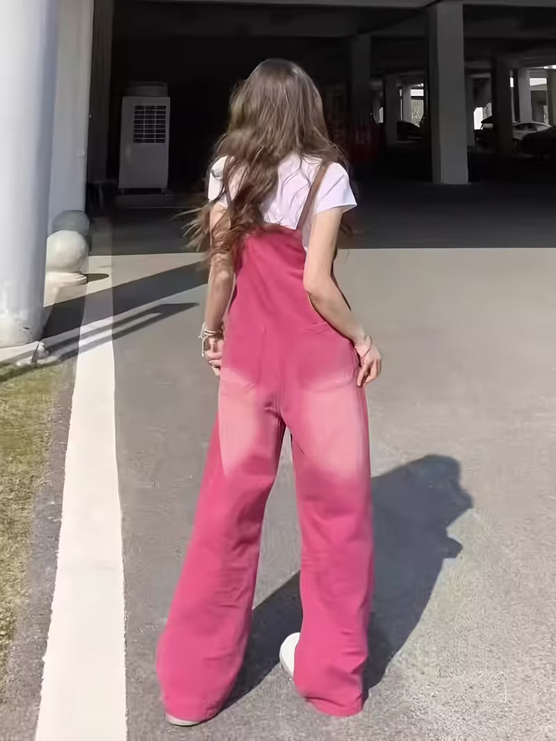 Summer Jeans Retro Gradient Loose All-Matching Jeans Bib Women High Waist Figure-Flattering One-Piece