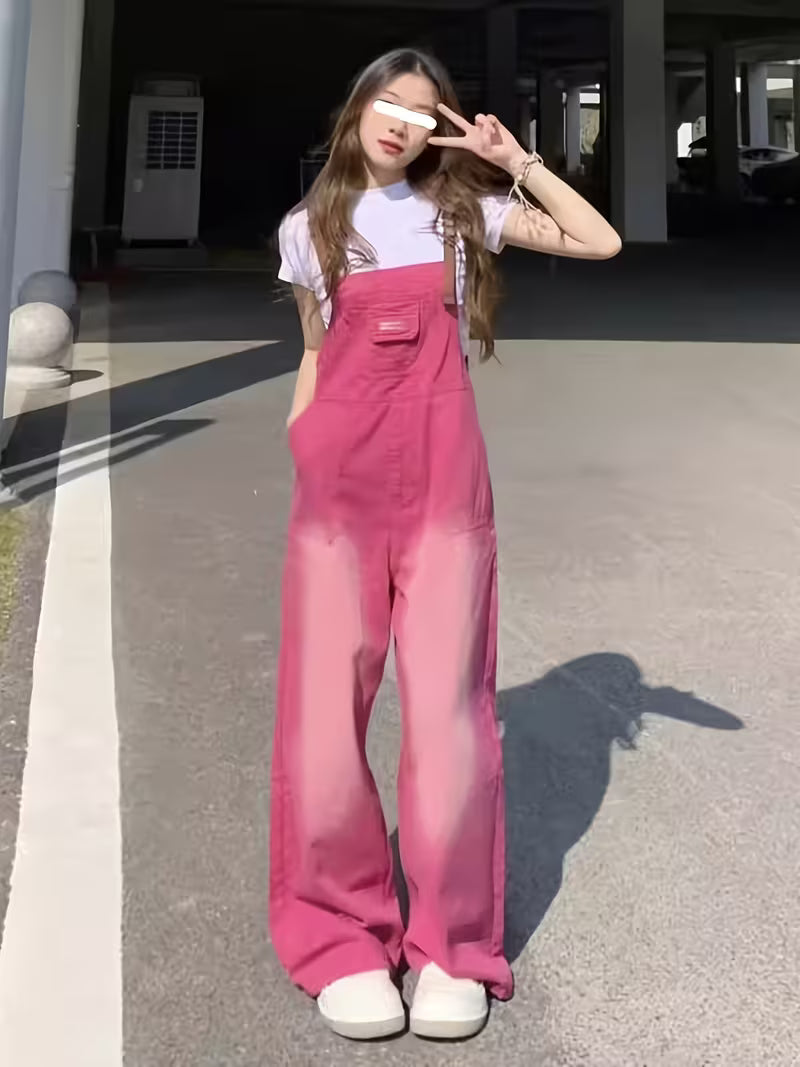 Summer Jeans Retro Gradient Loose All-Matching Jeans Bib Women High Waist Figure-Flattering One-Piece