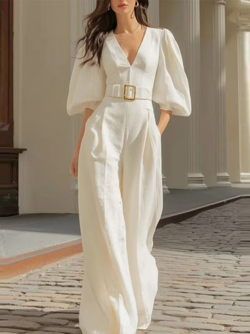 2026 Women'S Casual Solid Color Deep V-Neck Loose Jumpsuit