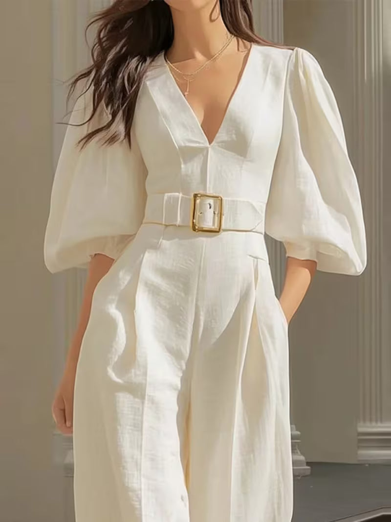 2026 Women'S Casual Solid Color Deep V-Neck Loose Jumpsuit