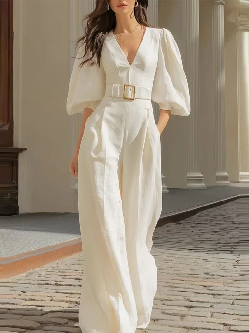 2026 Women'S Casual Solid Color Deep V-Neck Loose Jumpsuit