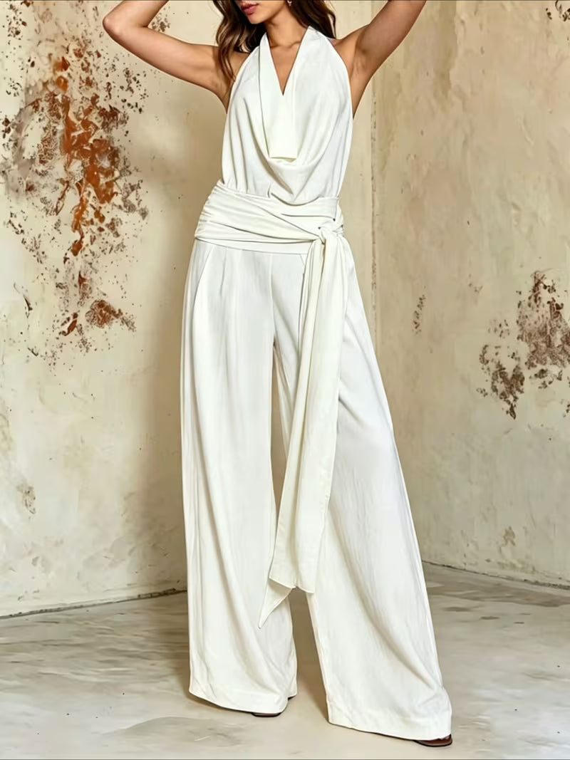 Summer Temperament Sexy Style Halter Strap Neck Wide Leg Jumpsuit Women