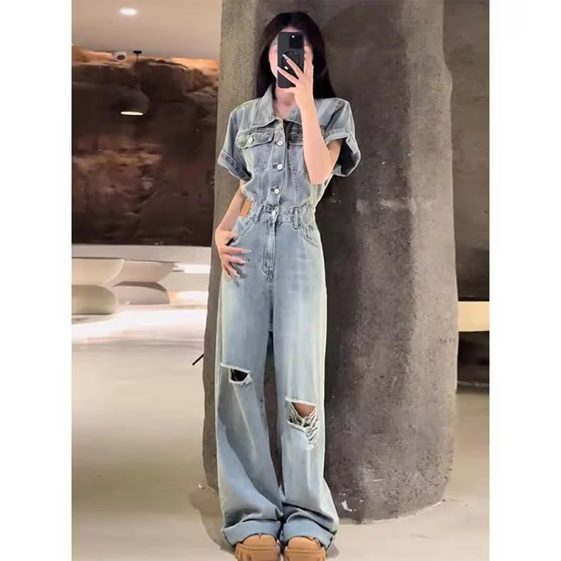 Washed Distressed Ripped Denim Jumpsuit 2026 Spring/Summer New Style Loose American Retro Wide Leg Jumpsuit