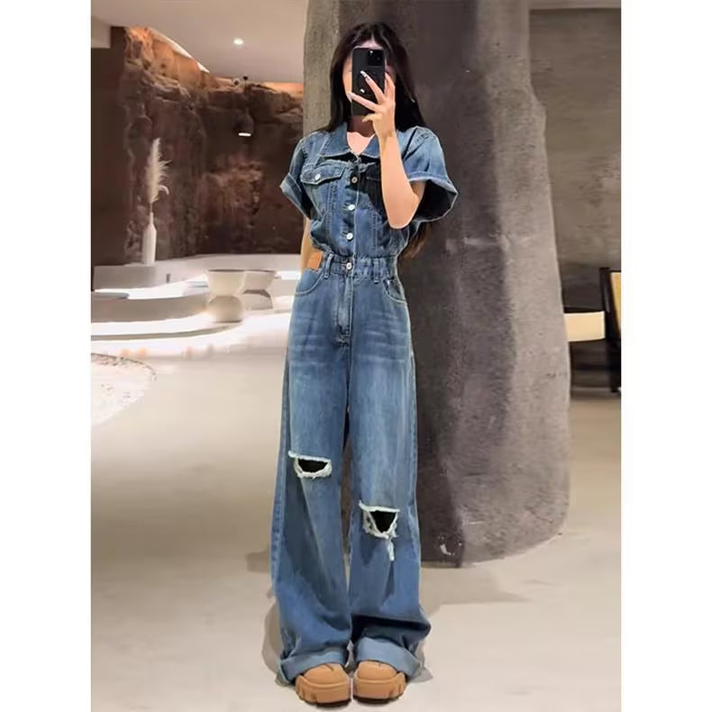 Washed Distressed Ripped Denim Jumpsuit 2026 Spring/Summer New Style Loose American Retro Wide Leg Jumpsuit