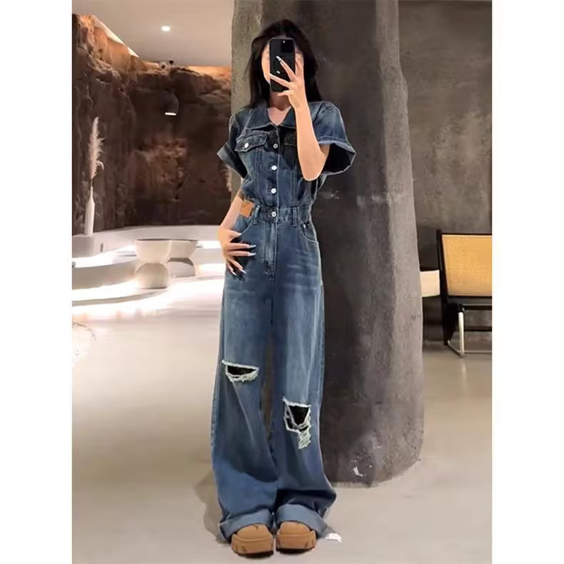 Washed Distressed Ripped Denim Jumpsuit 2026 Spring/Summer New Style Loose American Retro Wide Leg Jumpsuit