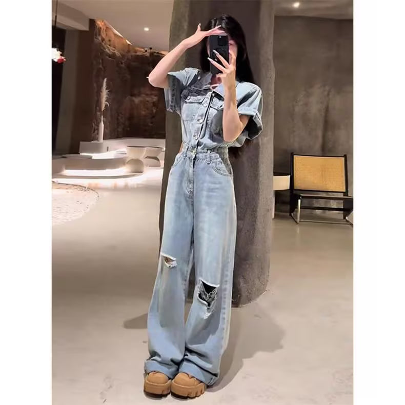 Washed Distressed Ripped Denim Jumpsuit 2026 Spring/Summer New Style Loose American Retro Wide Leg Jumpsuit