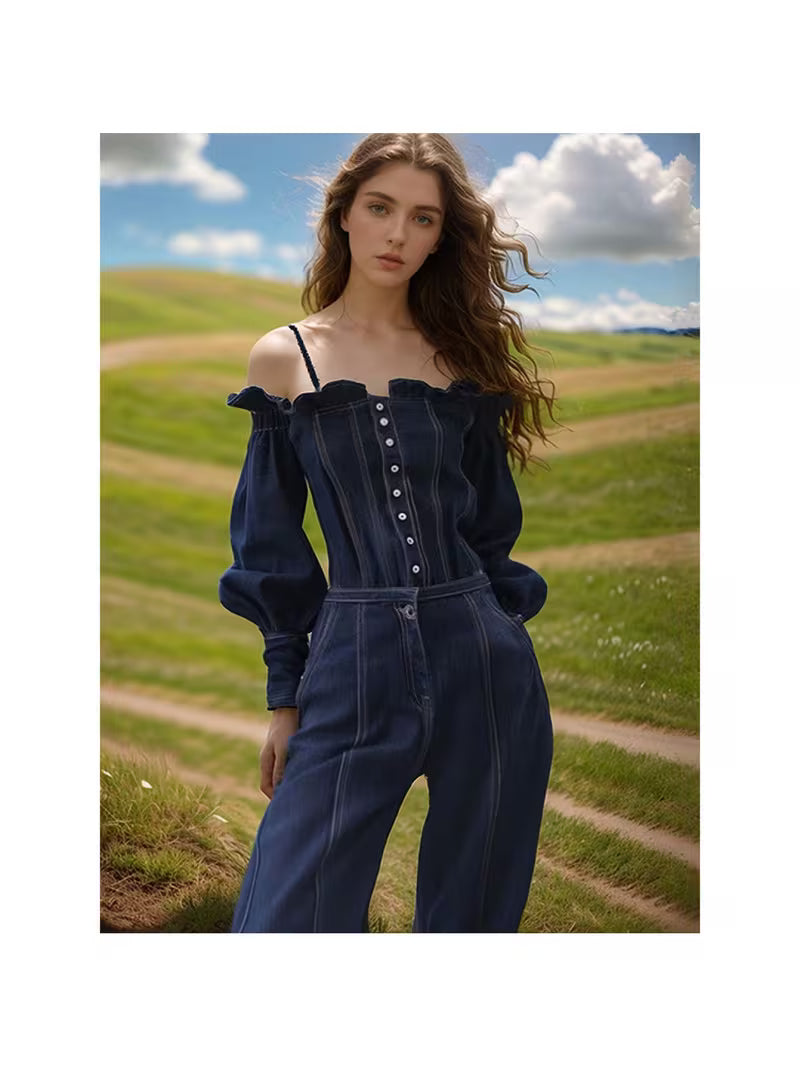 Women's Off-Shoulder Denim Jumpsuit - Corset-Style Wide Leg Romper with Puff Sleeves & Ruffled Bardot Collar, Button-Front Closure