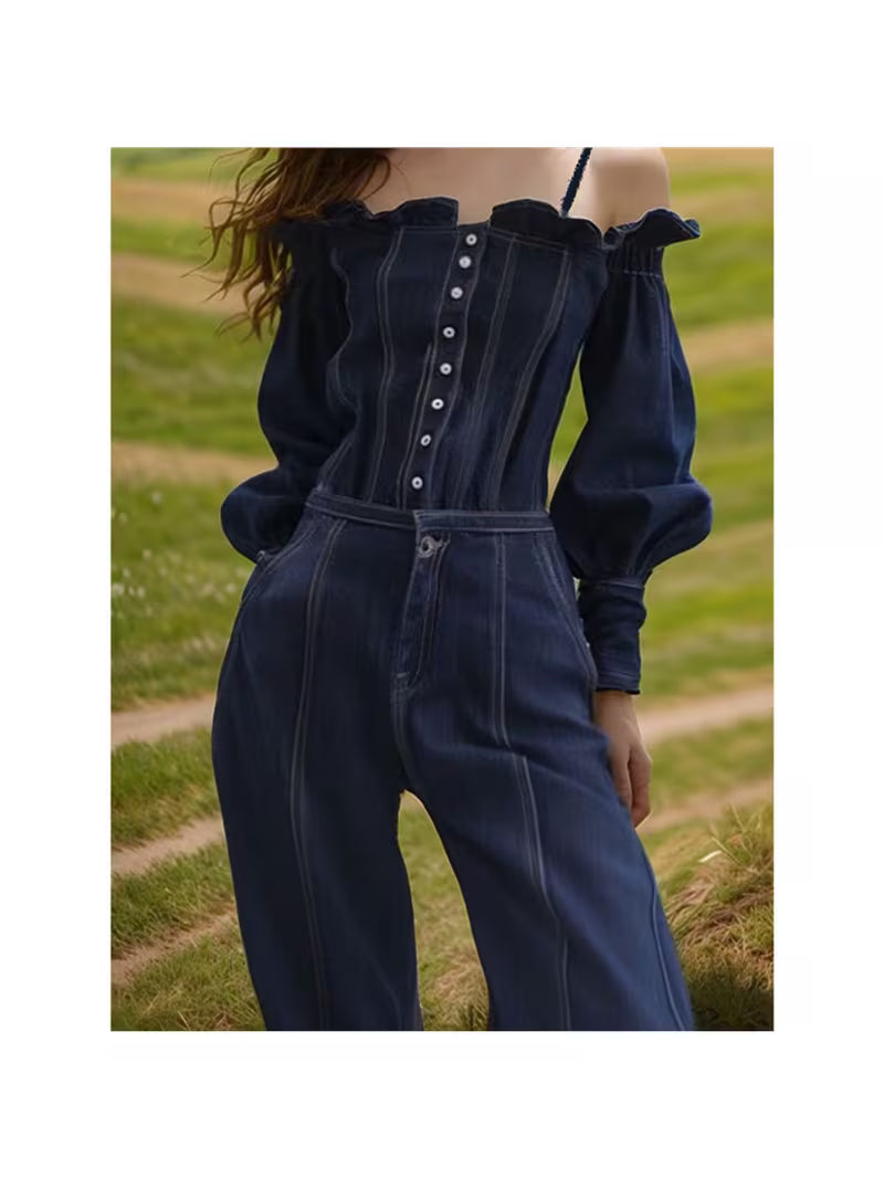 Women's Off-Shoulder Denim Jumpsuit - Corset-Style Wide Leg Romper with Puff Sleeves & Ruffled Bardot Collar, Button-Front Closure