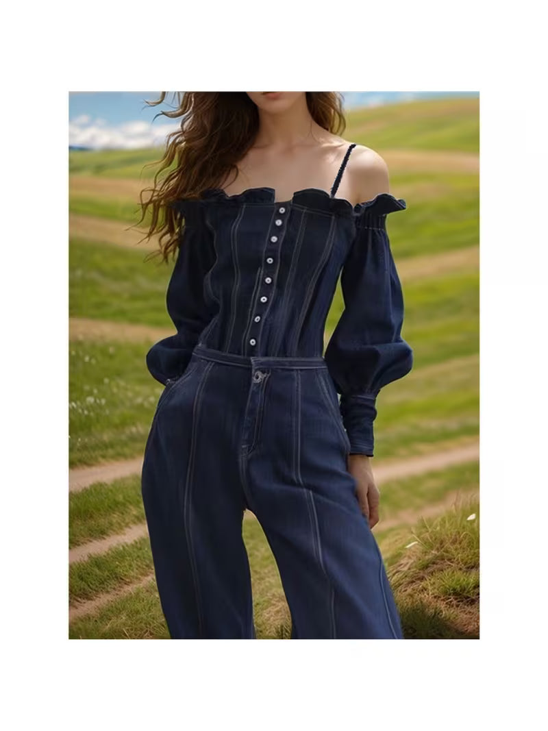 Women's Off-Shoulder Denim Jumpsuit - Corset-Style Wide Leg Romper with Puff Sleeves & Ruffled Bardot Collar, Button-Front Closure