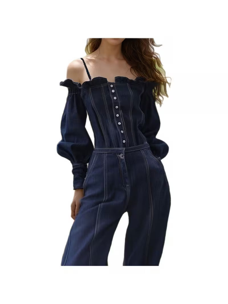 Women's Off-Shoulder Denim Jumpsuit - Corset-Style Wide Leg Romper with Puff Sleeves & Ruffled Bardot Collar, Button-Front Closure