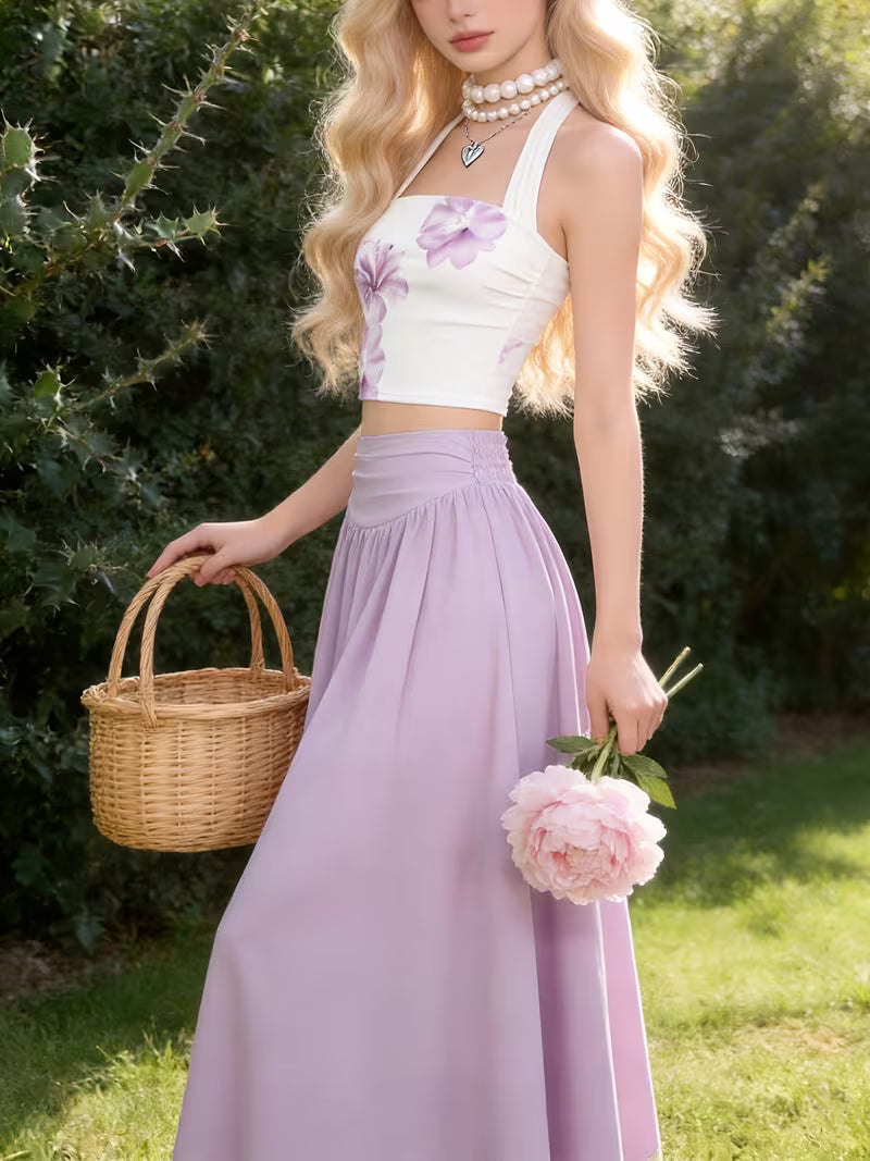 Teen Half-Skirt Set • French-Style Girl's Halter Neck Crop Top + High-Waist Flowy Half-Skirt Set • Gentle and Elegant Fairy 2pcs Set • for Teenager