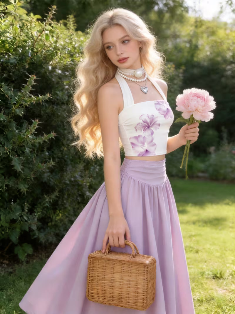 Teen Half-Skirt Set • French-Style Girl's Halter Neck Crop Top + High-Waist Flowy Half-Skirt Set • Gentle and Elegant Fairy 2pcs Set • for Teenager
