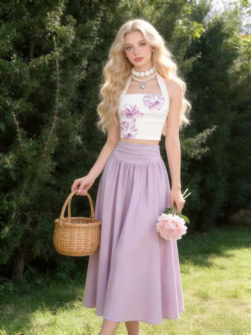 Teen Half-Skirt Set • French-Style Girl's Halter Neck Crop Top + High-Waist Flowy Half-Skirt Set • Gentle and Elegant Fairy 2pcs Set • for Teenager