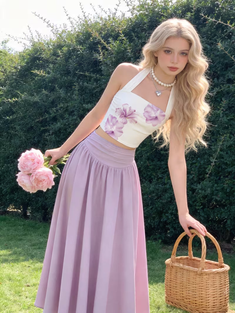 Teen Half-Skirt Set • French-Style Girl's Halter Neck Crop Top + High-Waist Flowy Half-Skirt Set • Gentle and Elegant Fairy 2pcs Set • for Teenager