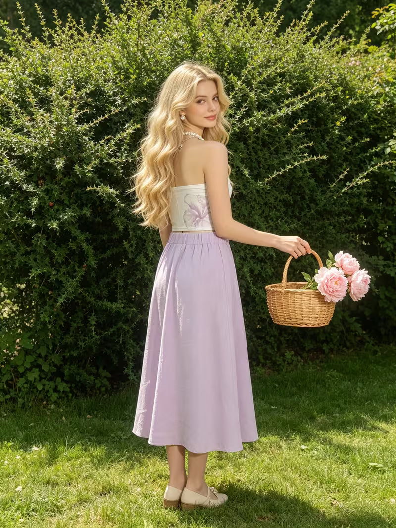 Teen Half-Skirt Set • French-Style Girl's Halter Neck Crop Top + High-Waist Flowy Half-Skirt Set • Gentle and Elegant Fairy 2pcs Set • for Teenager