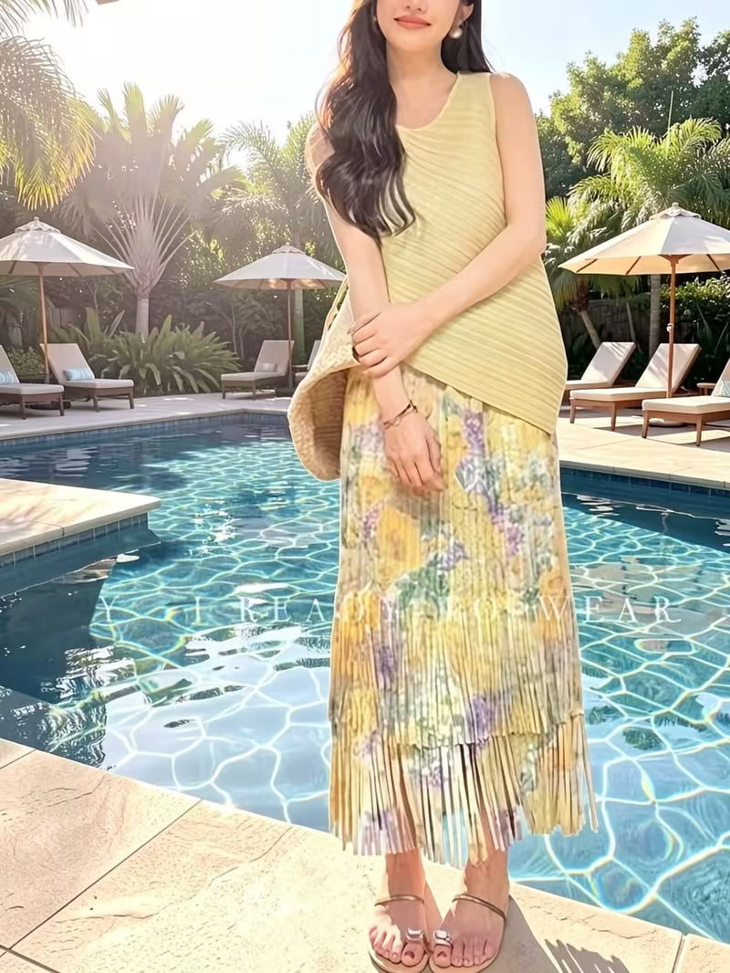 Directional Women'S New Vacation Ruffled Design Romantic Floral High-Waist Tassel Skirt And Sleeveless Irregular Vest Two-Piece Set