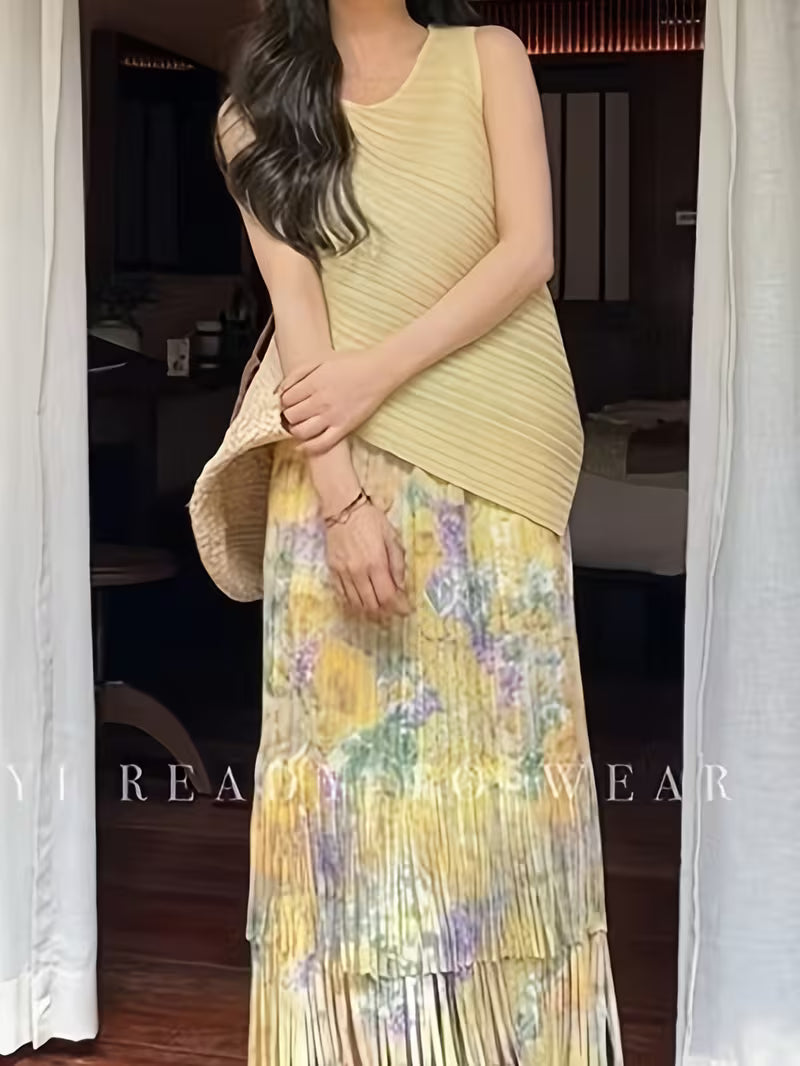Directional Women'S New Vacation Ruffled Design Romantic Floral High-Waist Tassel Skirt And Sleeveless Irregular Vest Two-Piece Set