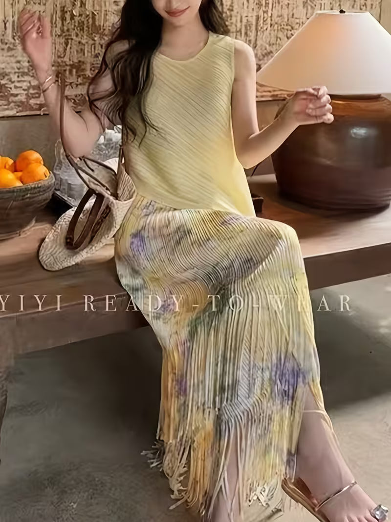 Directional Women'S New Vacation Ruffled Design Romantic Floral High-Waist Tassel Skirt And Sleeveless Irregular Vest Two-Piece Set