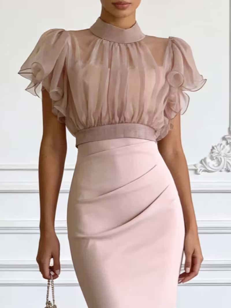 2pcs Women'S Spring & Summer Mock Neck Puff-Sleeve Top + Slim-Fit Midi Skirt Set | Elegant Exquisite Design