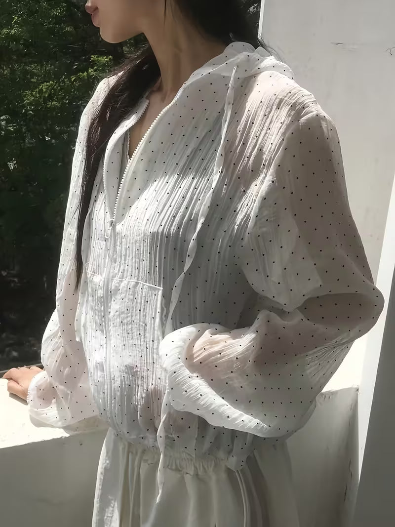Korean Style Sunscreen Jacket, Lightweight Breathable Loose Hooded Sweatshirt, Summer Top, Polka Dot, Directional