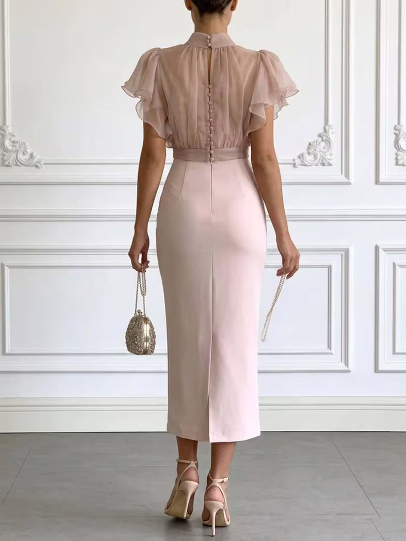 2pcs Women'S Spring & Summer Mock Neck Puff-Sleeve Top + Slim-Fit Midi Skirt Set | Elegant Exquisite Design