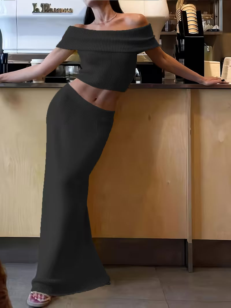Spring/Autumn New Off-the-Shoulder Fabric Set Sweater, Simple Niche High-End Style Hot Outfit