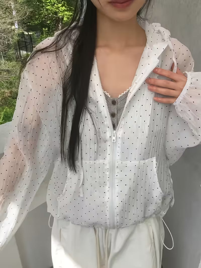 Korean Style Sunscreen Jacket, Lightweight Breathable Loose Hooded Sweatshirt, Summer Top, Polka Dot, Directional