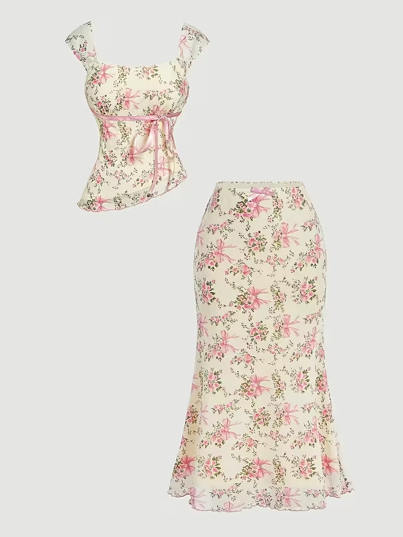 [Women's Skirt Set] Women's Bow 2pcs Skirt Set: Romantic Floral Print Asymmetrical Hem Top & Low-Waist Mermaid Skirt