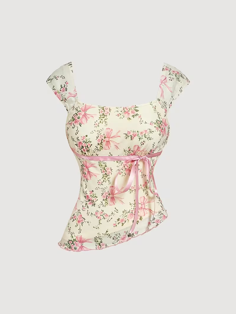 [Women's Skirt Set] Women's Bow 2pcs Skirt Set: Romantic Floral Print Asymmetrical Hem Top & Low-Waist Mermaid Skirt