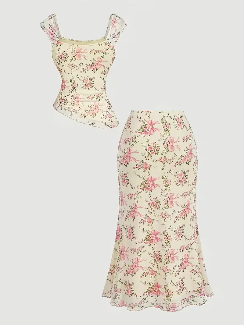 [Women's Skirt Set] Women's Bow 2pcs Skirt Set: Romantic Floral Print Asymmetrical Hem Top & Low-Waist Mermaid Skirt