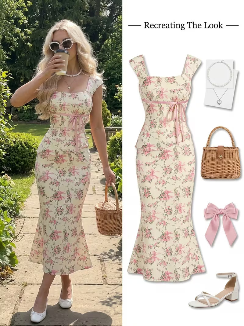 [Women's Skirt Set] Women's Bow 2pcs Skirt Set: Romantic Floral Print Asymmetrical Hem Top & Low-Waist Mermaid Skirt