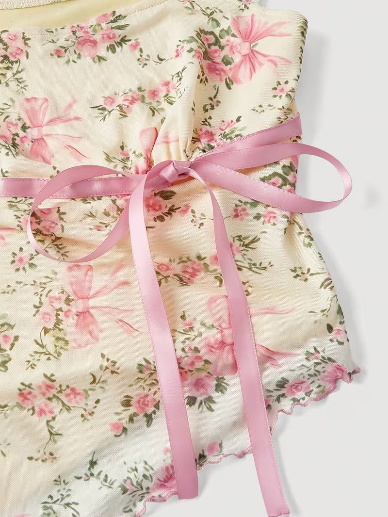 [Women's Skirt Set] Women's Bow 2pcs Skirt Set: Romantic Floral Print Asymmetrical Hem Top & Low-Waist Mermaid Skirt