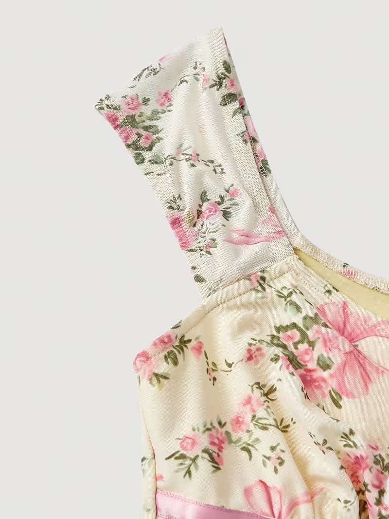 [Women's Skirt Set] Women's Bow 2pcs Skirt Set: Romantic Floral Print Asymmetrical Hem Top & Low-Waist Mermaid Skirt