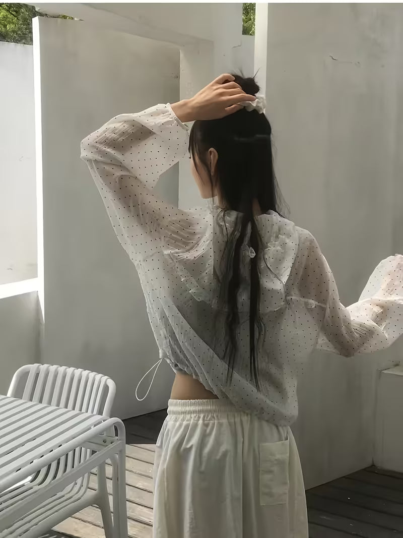 Korean Style Sunscreen Jacket, Lightweight Breathable Loose Hooded Sweatshirt, Summer Top, Polka Dot, Directional