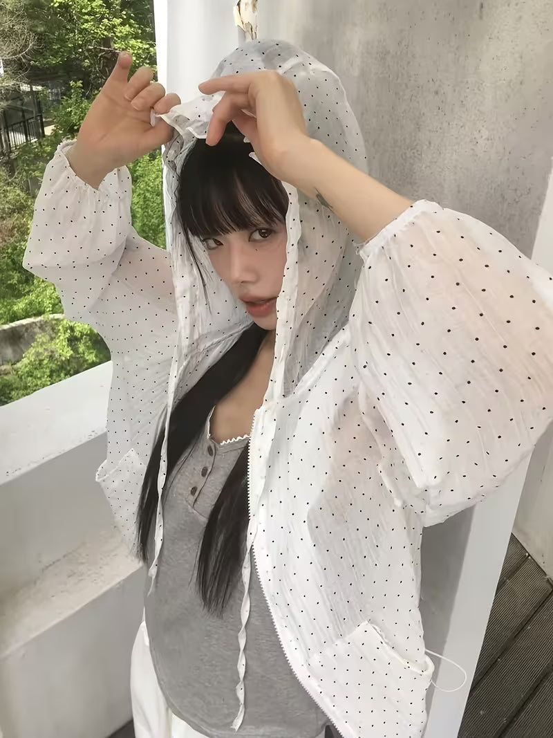 Korean Style Sunscreen Jacket, Lightweight Breathable Loose Hooded Sweatshirt, Summer Top, Polka Dot, Directional
