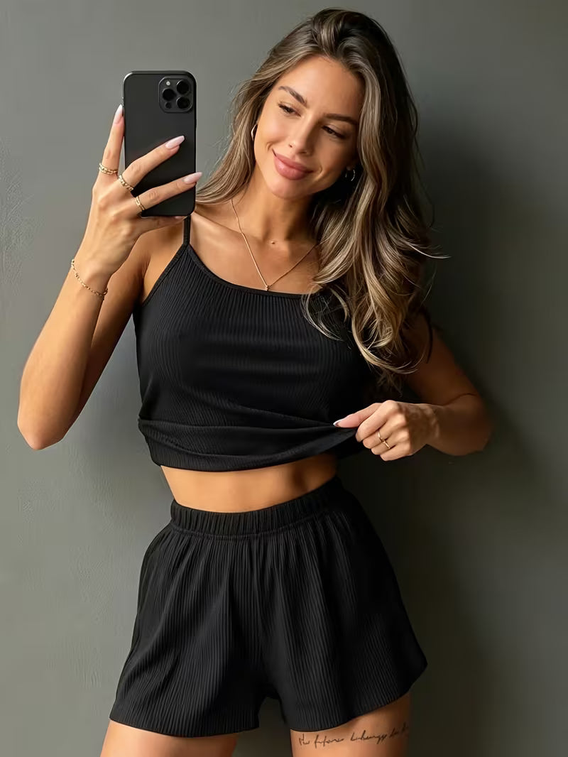 Women'S Pajama Set Home Wear Solid Camisole Shorts Stretch Casual Ribbed Tube Top Western Style Pajamas for Women
