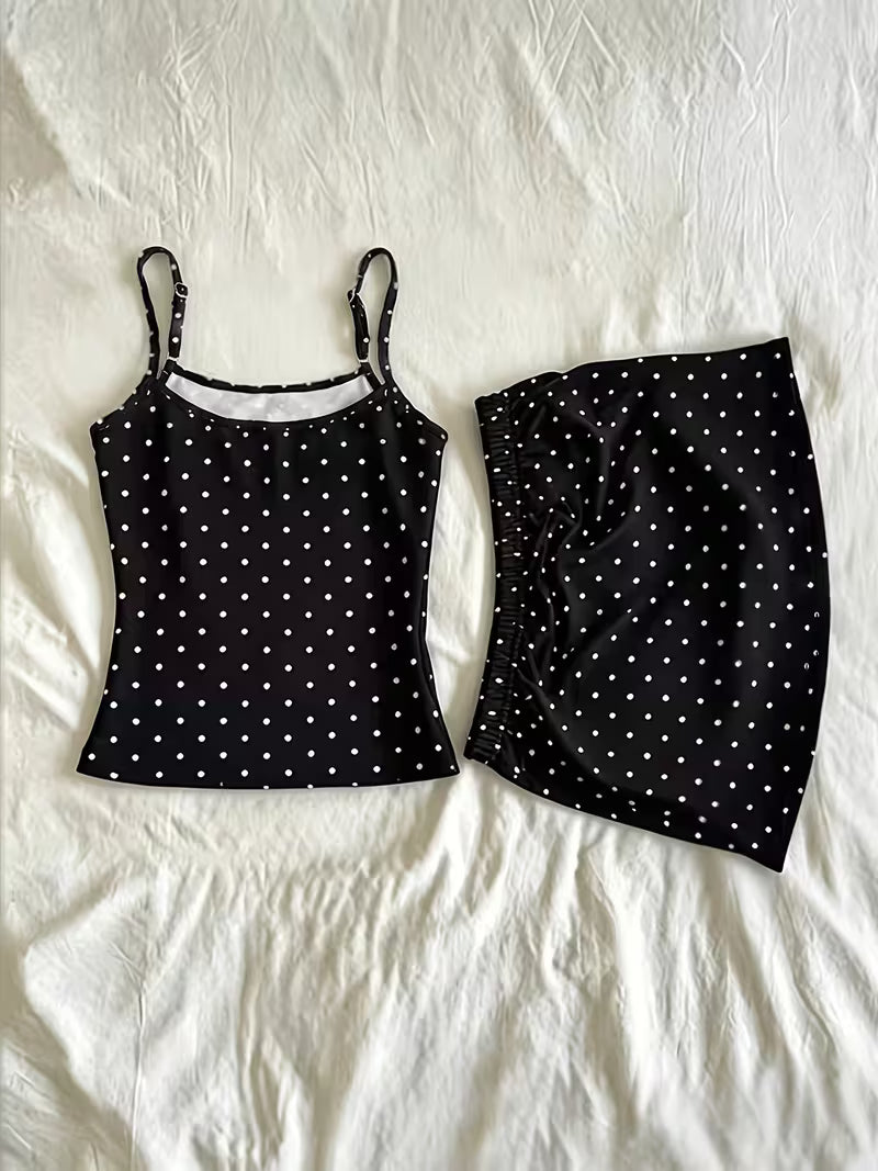Women'S Polka Dot Cami Top And Fitted Short Skirt Set