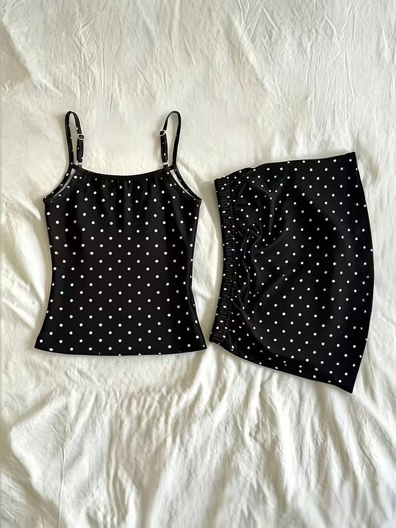Women'S Polka Dot Cami Top And Fitted Short Skirt Set