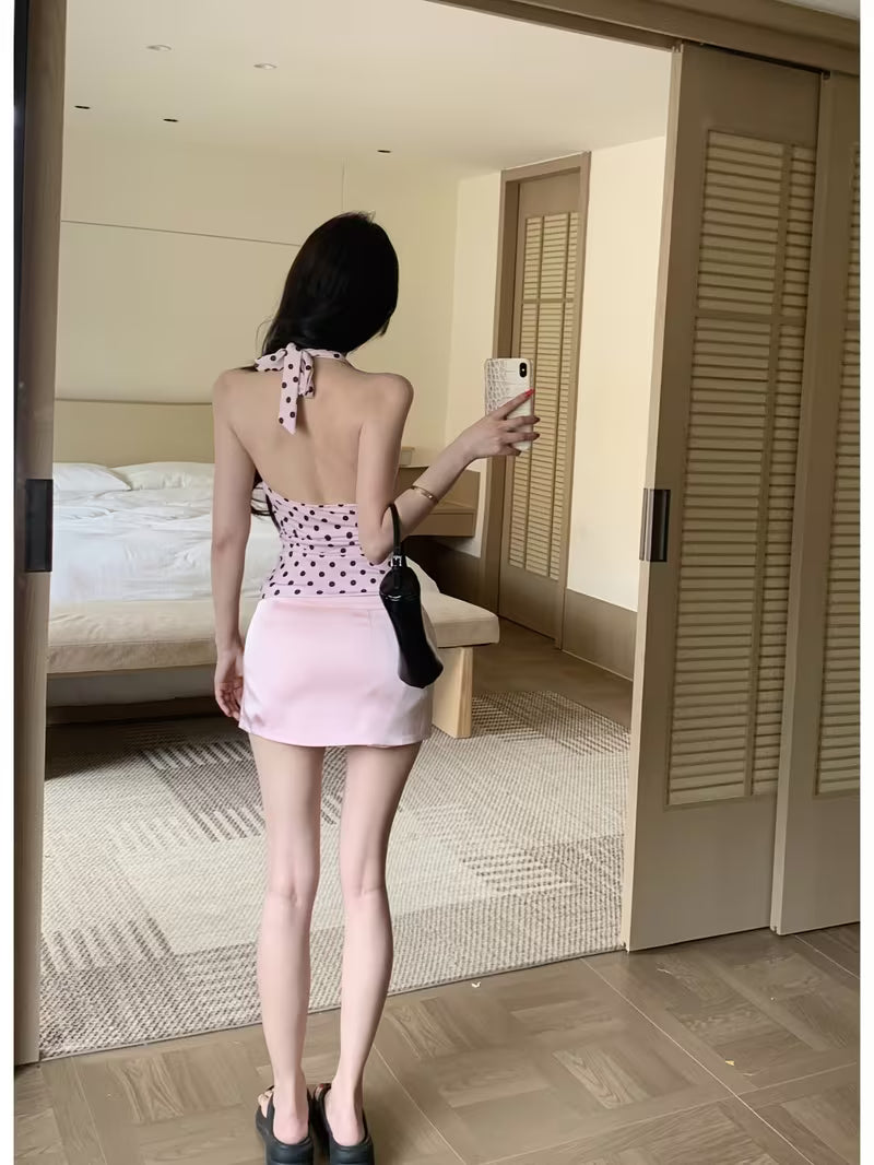 Pure and Sexy Women's Summer New Polka Dot Camisole Top and Low-Waist Skirt 2pcs Set, American Vintage Sexy Style Pink Polka Dot Halter Camisole Top with Low-Waist Skirt, and Youthful 2pcs Set, Seductively Hot! Polka Dot American Vintage Halter