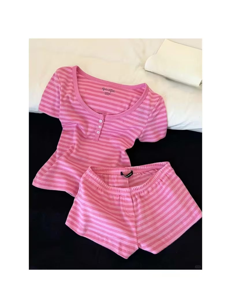 2026 Summer New Sweet Pink Striped Sexy Spicy Short Sleeved Shorts Women's Pajama Set for Home Pure Living Clothes Can Be Worn as a 2pcs Set