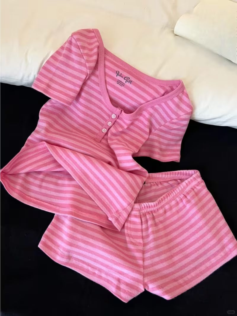 2026 Summer New Sweet Pink Striped Sexy Spicy Short Sleeved Shorts Women's Pajama Set for Home Pure Living Clothes Can Be Worn as a 2pcs Set