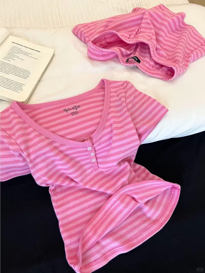 2026 Summer New Sweet Pink Striped Sexy Spicy Short Sleeved Shorts Women's Pajama Set for Home Pure Living Clothes Can Be Worn as a 2pcs Set