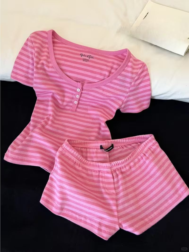 2026 Summer New Sweet Pink Striped Sexy Spicy Short Sleeved Shorts Women's Pajama Set for Home Pure Living Clothes Can Be Worn as a 2pcs Set
