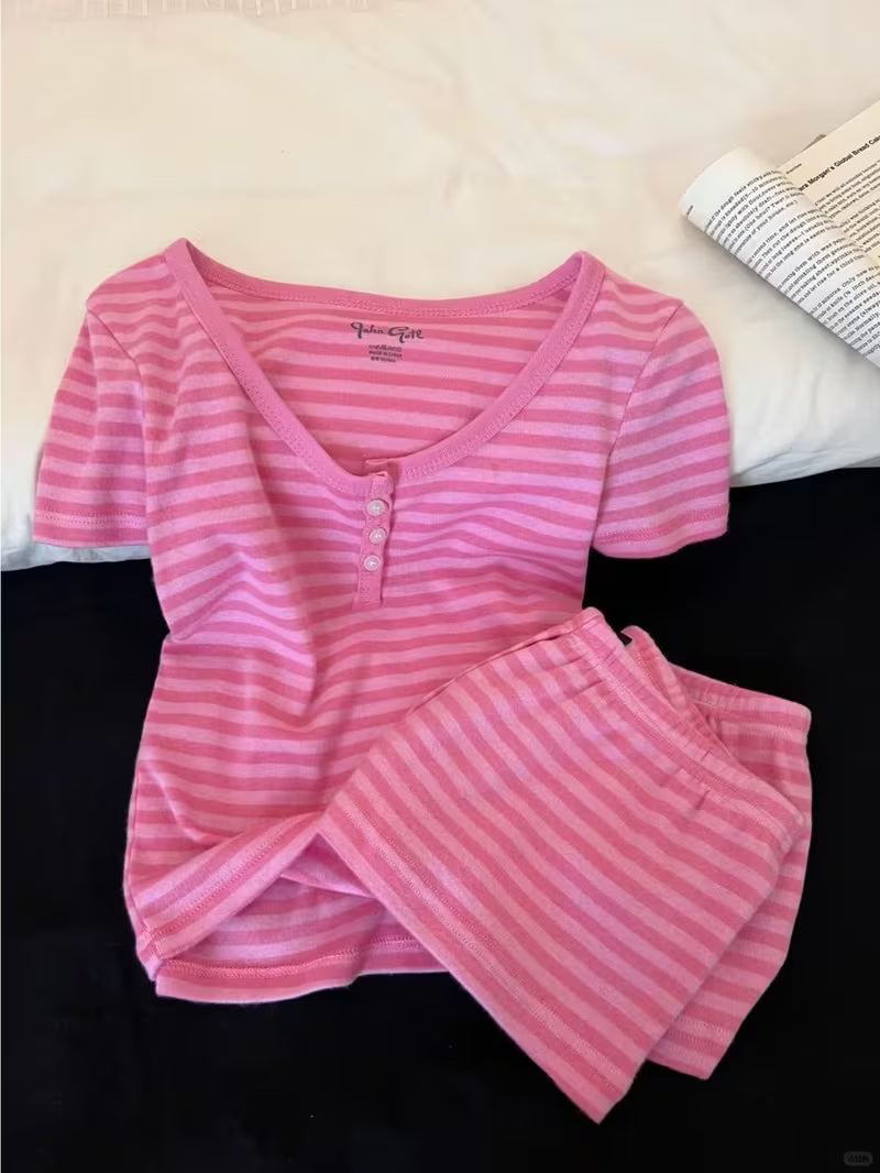 2026 Summer New Sweet Pink Striped Sexy Spicy Short Sleeved Shorts Women's Pajama Set for Home Pure Living Clothes Can Be Worn as a 2pcs Set